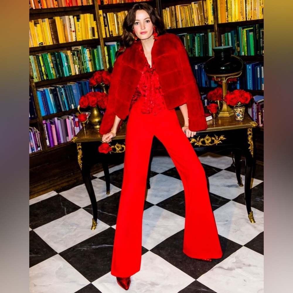 Alice + Olivia Theon Rabbit Fur Red Box Crop Coat Small